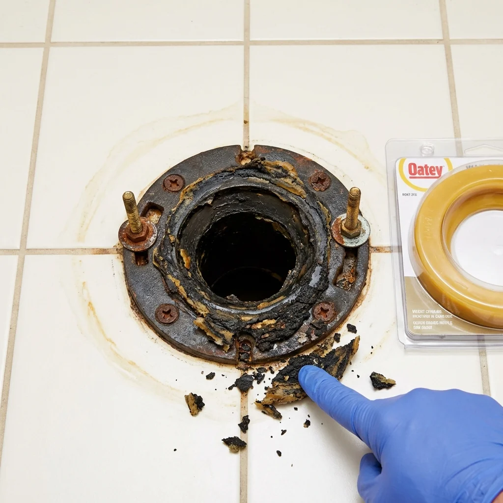 Failed wax ring showing water seepage at the base of a toilet in a Waterford, MI home