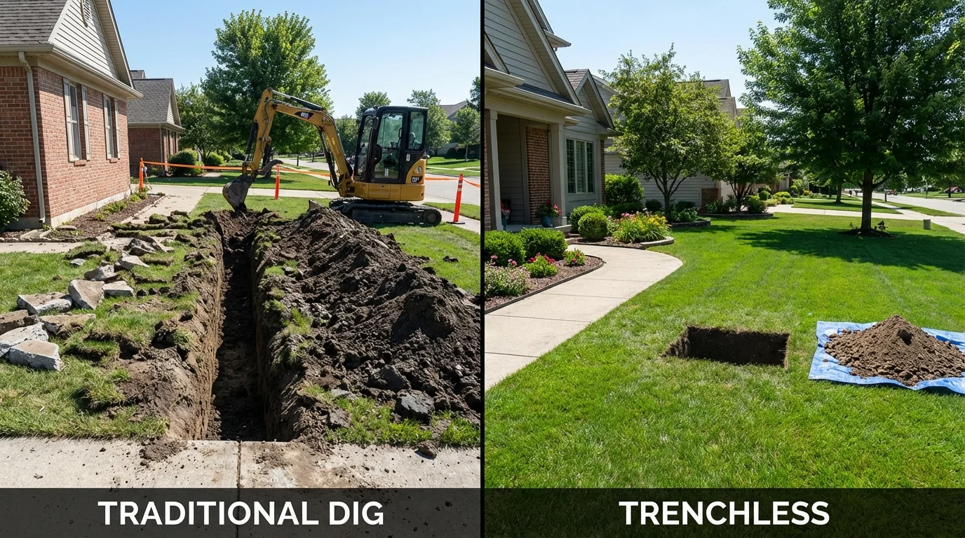 Trenchless sewer repair with minimal yard damage versus traditional excavation in Waterford, MI