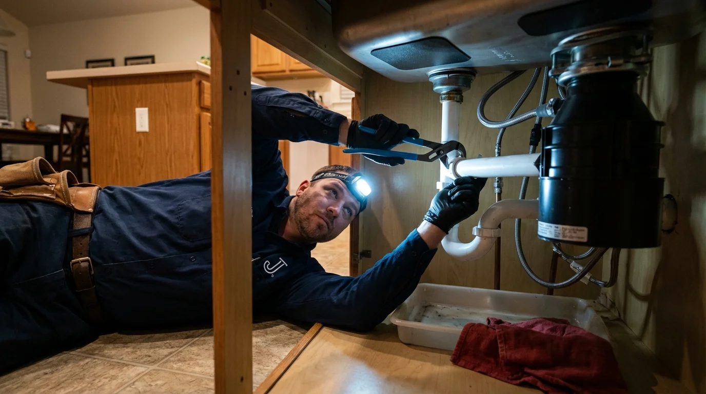 P-trap and supply line connections under a kitchen sink showing a common leak point in Waterford, MI